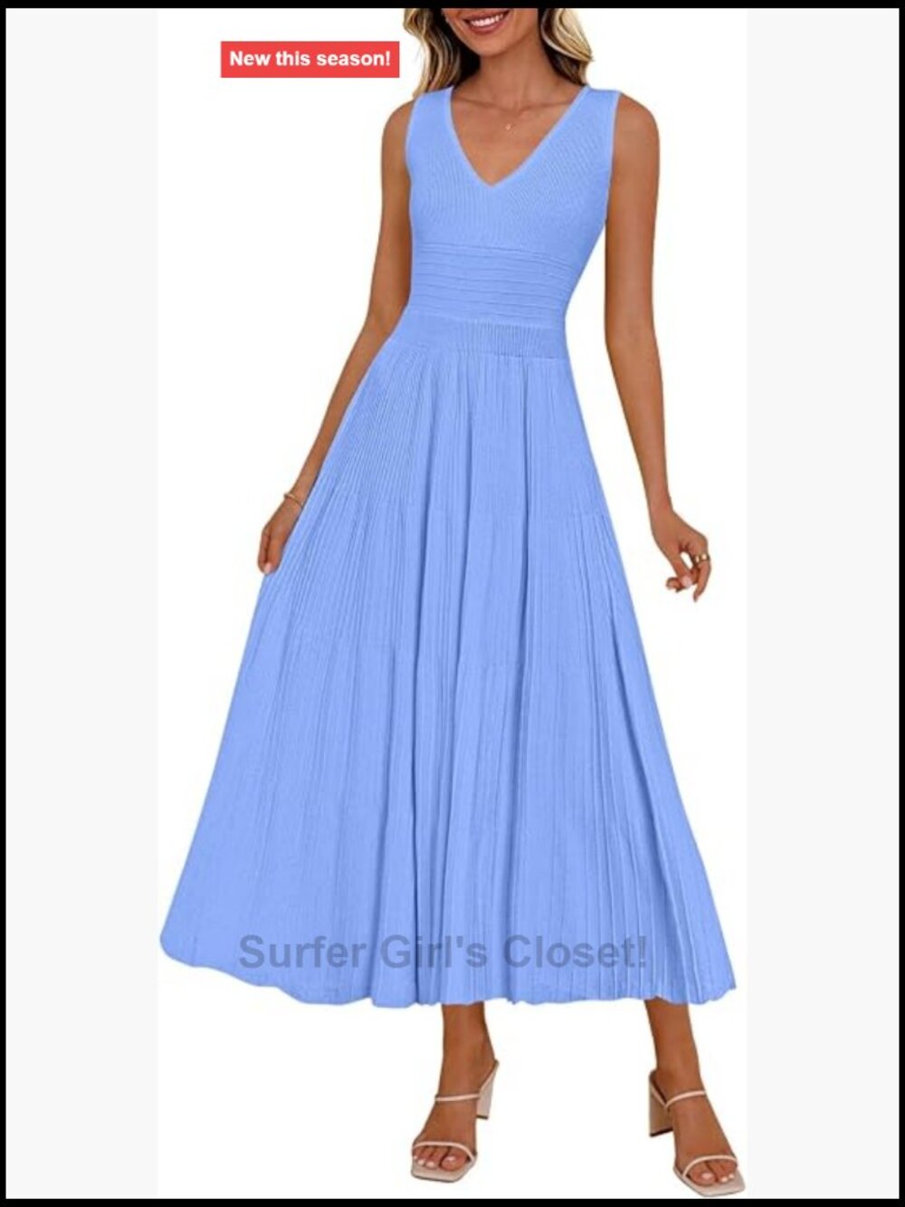 Sleeveless V-Neck Pleated Midi Dress High Waisted A-Line Cocktail Work